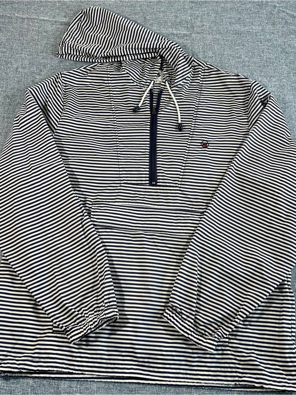 Women’s Striped Hooded Windbreaker Pullover Jacket- Navy & White